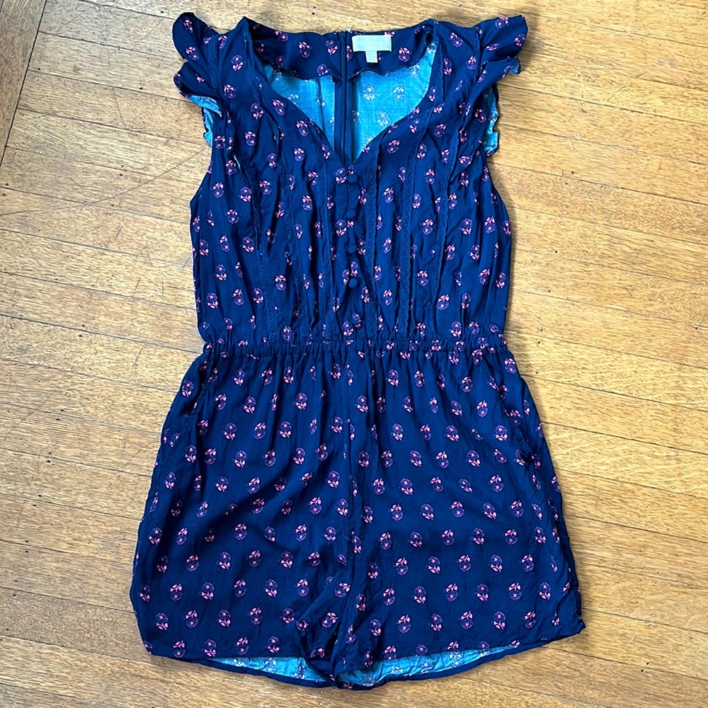 ModCloth navy romper with pink flower pattern, zipper back, Large 10/12